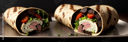 Two parts of Eastern cheesy shawarma with layers of chicken meat, cucumber, cabbage, cheese served on plate, on dark background. Turkish donner wrapped in lavash bread.. Panoramic banner photo