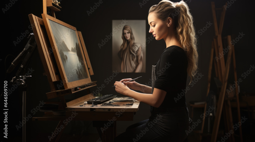 Female artist working on painting in her studio Female artist working on painting in her studio