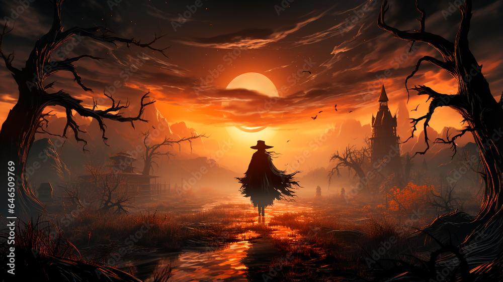 Halloween scene, silhouette of witch walking backwards at sunset. Generative AI