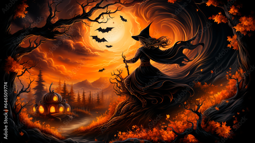 Witching Hour at Halloween with a hag in enchanted forest sunset. Generative AI