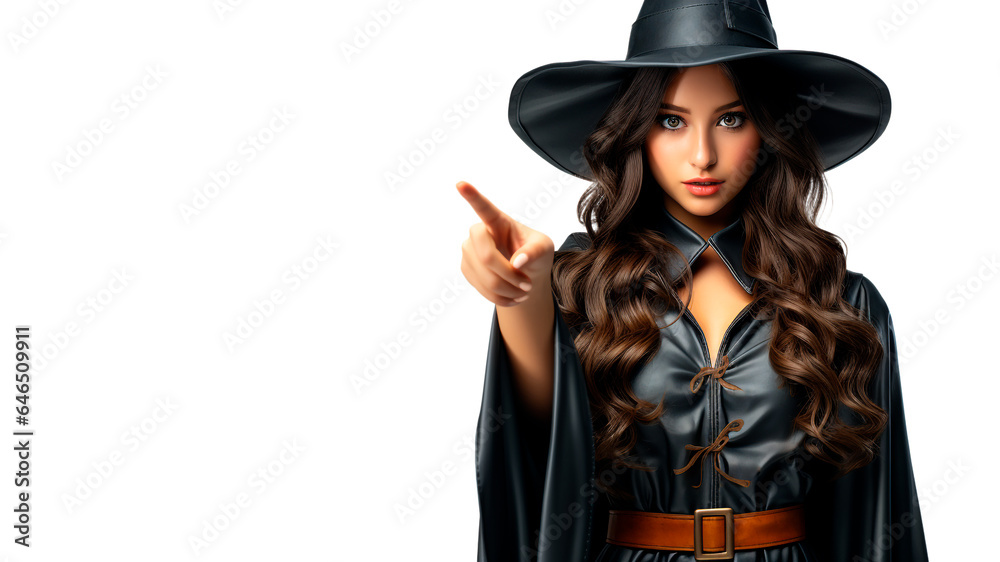 Halloween, woman dressed as a witch pointing finger at camera. Generative AI Halloween, woman dressed as a witch pointing finger at camera. Generative AI