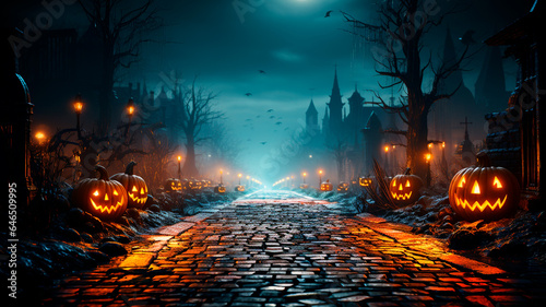 Halloween spooky night with an old road leading to haunted house. Generative AI