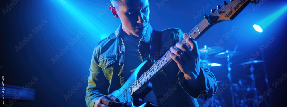 Obraz premium Male musician playing guitar at a rock concert