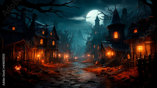 Halloween spooky night with an old road leading to haunted house. Generative AI
