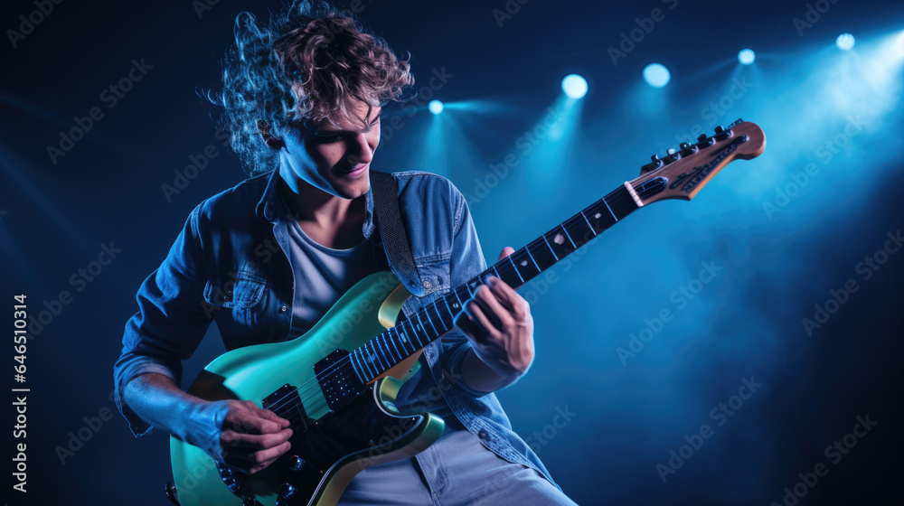 Obraz premium Male musician playing guitar at a rock concert