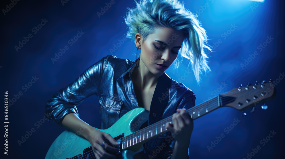 Obraz premium Young female musician playing guitar at a rock concert