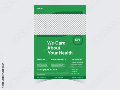 Medical health care flyer brochure template design, flyer template of medical care with white background for text, space for picture and blue wavy lines decoration. vector illustration