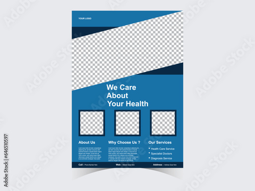 Medical health care flyer brochure template design, flyer template of medical care with white background for text, space for picture and blue wavy lines decoration. vector illustration