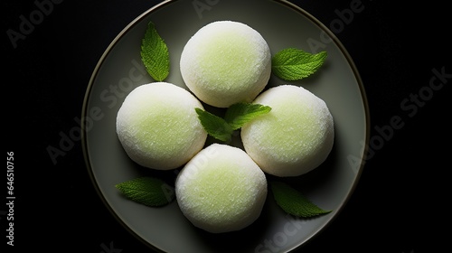 Generative AI, mochi on the dark table background, Traditional Japanese dessert, top view, flat lay photo