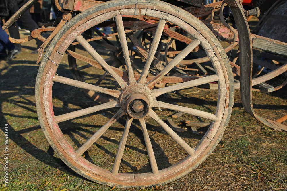 old wooden wheel of a wagon for transport with woody spokes