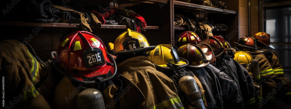Fototapeta premium Firefighters gear hangs on hooks
