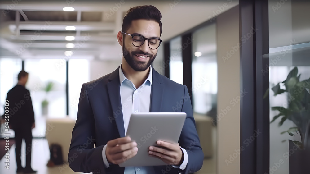 Happy young businessman using tablet standing in modern office at work, smiling executive manager standing in a modern office working online with a digital tablet Happy young businessman using tablet standing in modern office at work, smiling executive manager standing in a modern office working online with a digital tablet