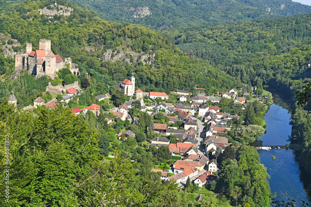 Aerial view of medieval castle Hardegg and town with river Dyje