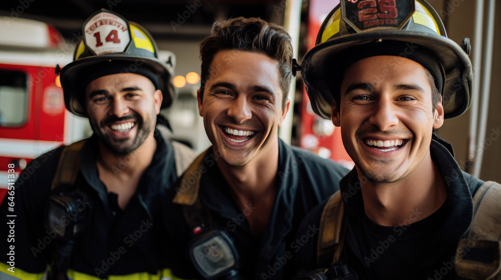 Firefighters portrait on duty. Photo of firemans team near fire engine Firefighters portrait on duty. Photo of firemans team near fire engine