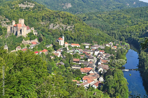 Aerial view of medieval castle Hardegg and town with river Dyje photo