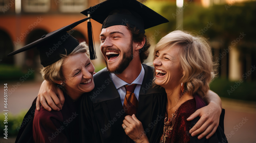 Fototapeta premium Happy smiling graduate hugs his parents after the graduation ceremony.