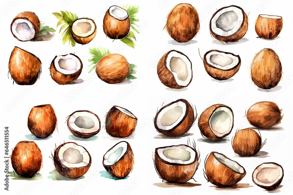 Set of coconut in watercolor style. Generative AI Set of coconut in watercolor style. Generative AI