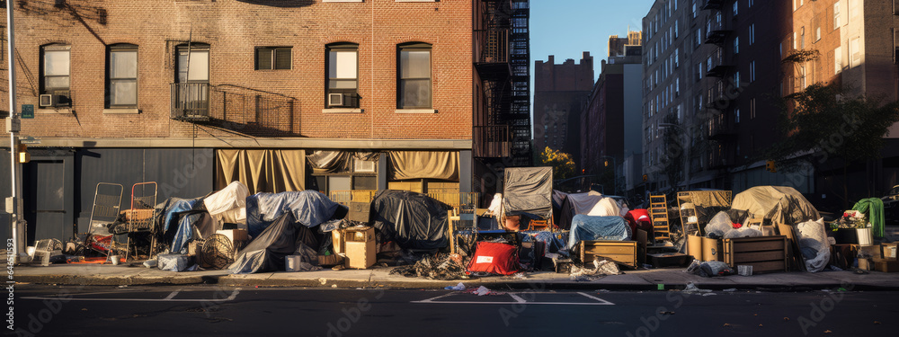 Naklejka premium Homeless tent camp on a city street