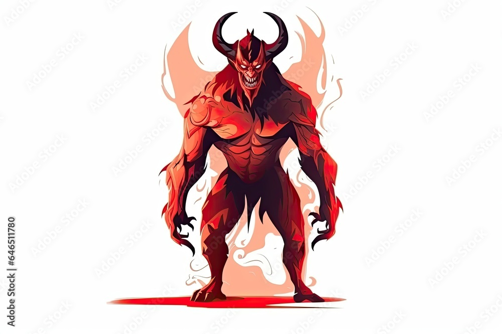 Red demon with large horns and wings standing on a red puddle