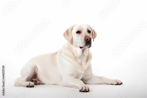 White Labrador Retriever dog lying down on a white background with its front legs stretched out and its hind legs folded under its body.