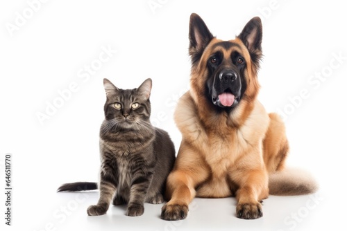 Cat and a dog sitting side by side on a white background. The cat is a gray tabby with green eyes and is sitting on the left side of the image while the dog is a German Shepherd 
