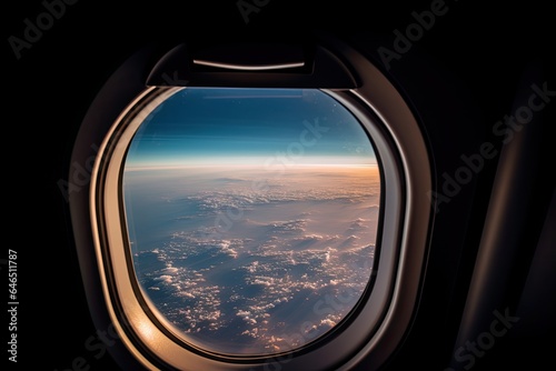 Airplane window with a view of the earth below. The window is oval in shape and has a black frame.