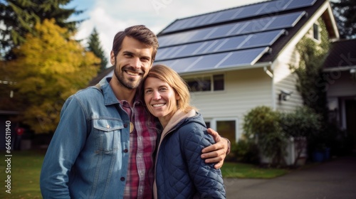 Happy couple standying near their house with solar panels. Alternative energy, saving resources and sustainable lifestyle concept. Generative AI