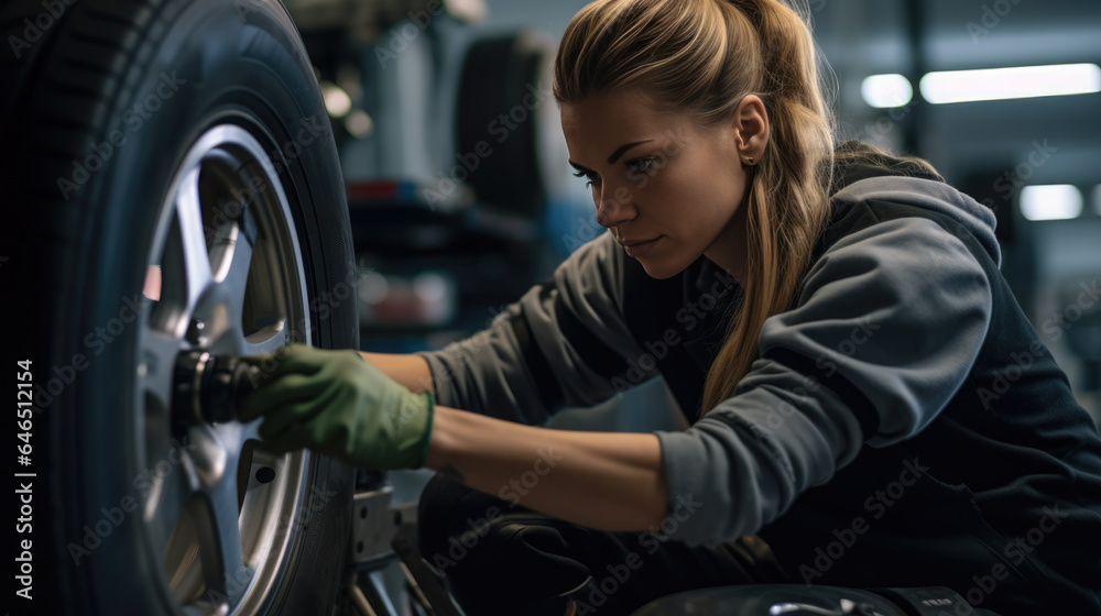 Female car mechanic working in garage and changing wheel alloy tire. Repair or maintenance auto service.