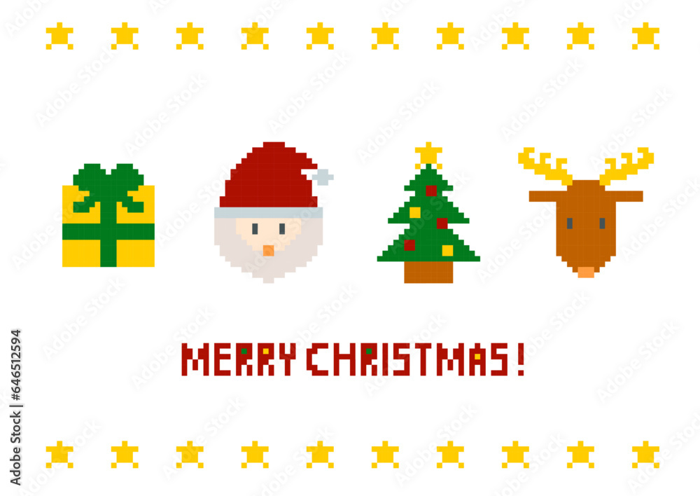 Fototapeta premium クリスマスのドット絵イラスト: サンタとトナカイとツリーとプレゼント