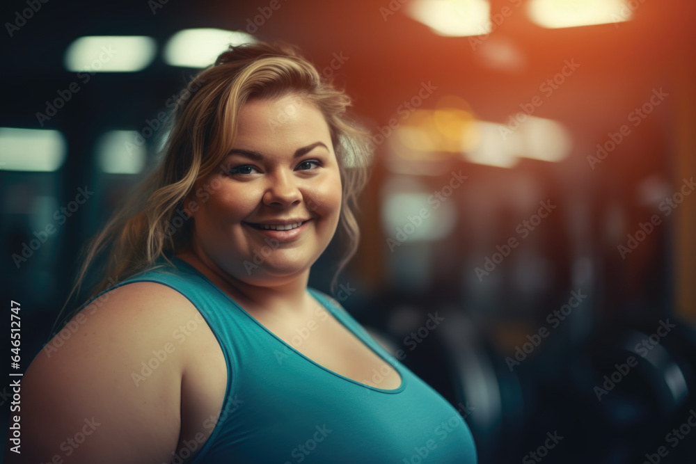 Portrait of a plus size smiling woman in sportswear in the gym. Fitness. body positive and sport as lifestyle. Portrait of a plus size smiling woman in sportswear in the gym. Fitness. body positive and sport as lifestyle.
