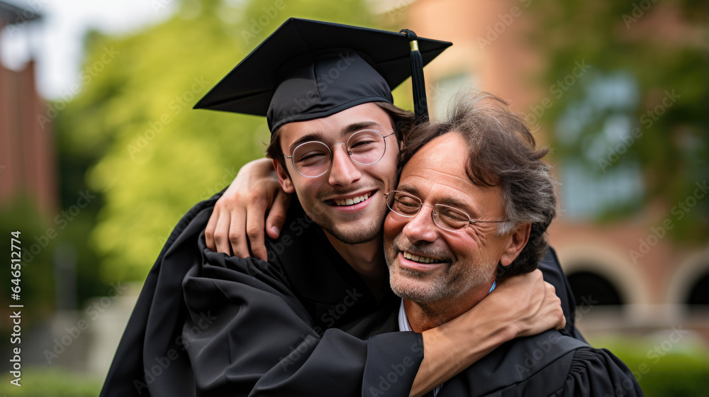 Fototapeta premium Happy smiling graduate hugs his parent after the graduation ceremony.