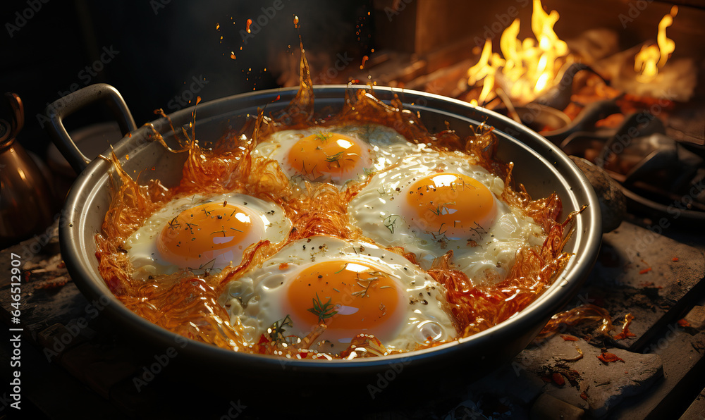 Dish with fried eggs on a blurred background. Dish with fried eggs on a blurred background.