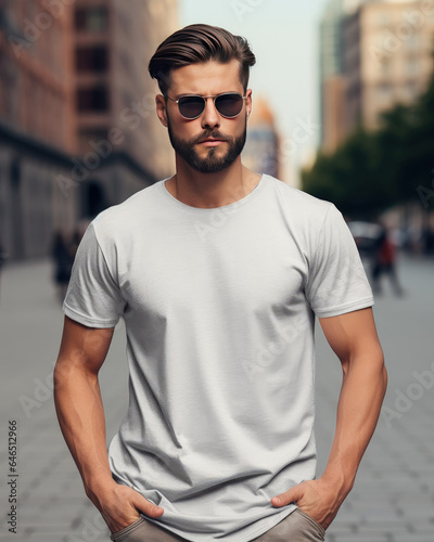 Young man wearing blank gray t-shirt and sunglass. Model t-shirt mockup. Blur background.