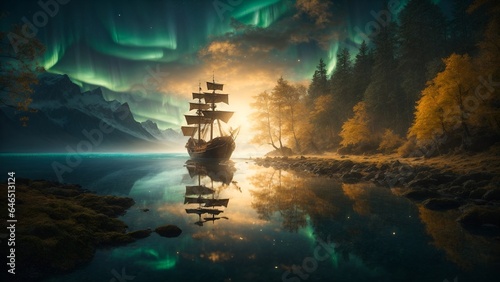Pirate ship under the Northern Lights