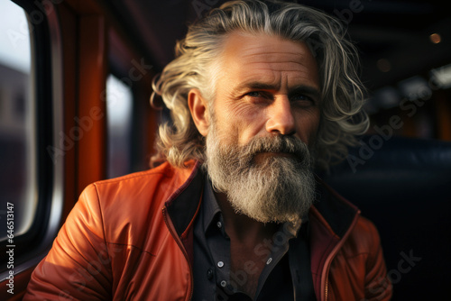 Portrait of a handsome senior man with gray beard and mustache wearing orange jacket.