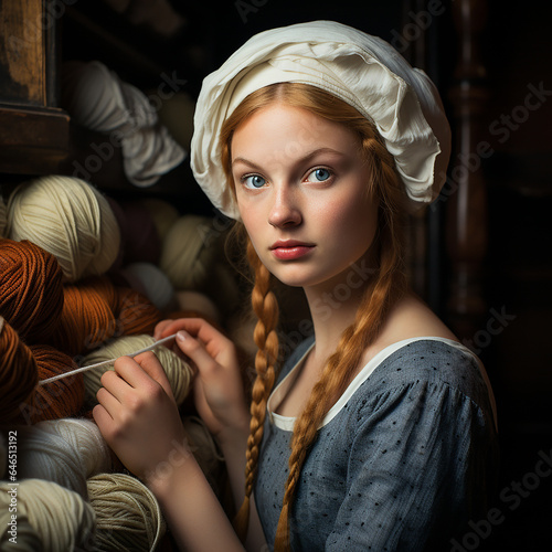 Young Dutch knitter looking at the viewer