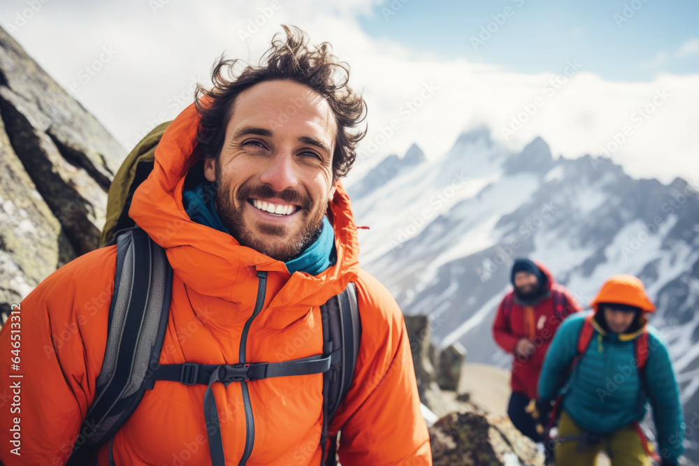 Happy young man hiking with a group of friends together on the mountain Happy young man hiking with a group of friends together on the mountain