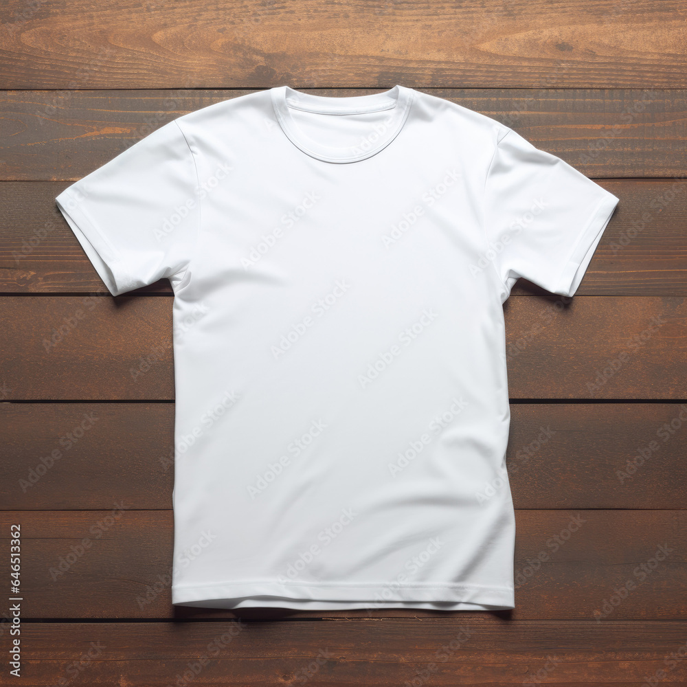 White t-shirt mockup on wooden table. Ready for your mockup design template. Blank t-shirt mockup White t-shirt mockup on wooden table. Ready for your mockup design template. Blank t-shirt mockup