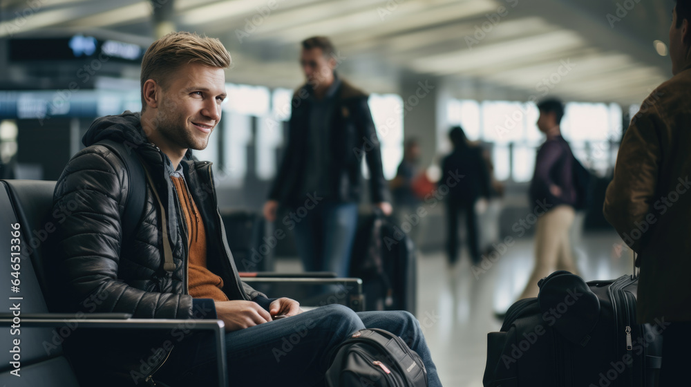 Two friends waiting for their plane in the waiting area in the airport