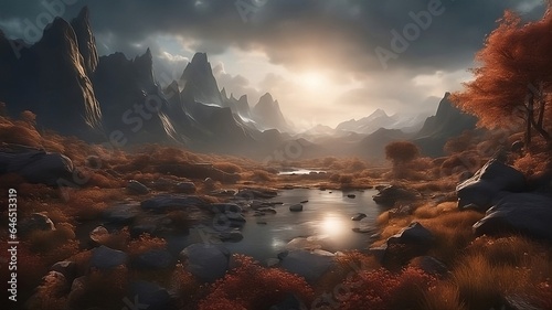 sunrise over the valley in autumn, with a gentle stream running down off the mountains