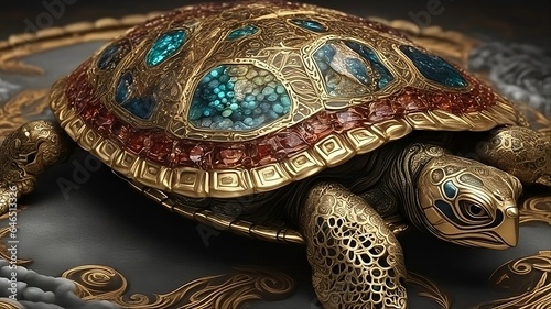 Golden turtle statue, with inlaid emeralds and rubies