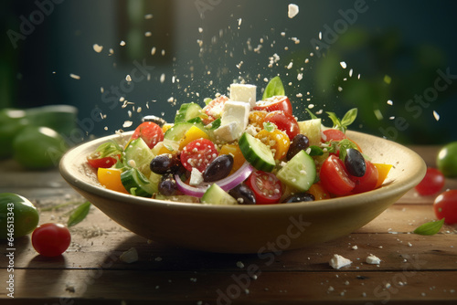 Greek Salad flying ingredients creative dramatic light Generative AI