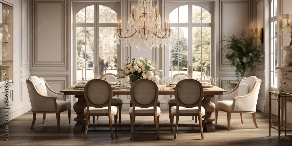 Fototapeta premium Luxurious furnished dining room, glamour dining area, elegant interior design