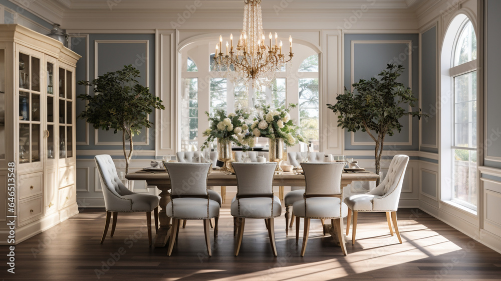 Luxurious furnished dining room, glamour dining area, elegant interior design Luxurious furnished dining room, glamour dining area, elegant interior design
