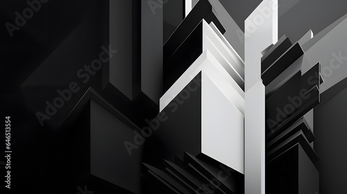 Modern black white abstract background. Minimal. Gradient. Dark grey banner with geometric shapes, lines, stripes, triangles. Design. Futuristic. Origami, mosaic, geometry generativ ai