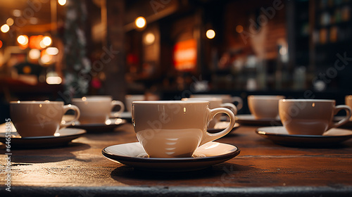 A set of coffee cups on a restaurant table