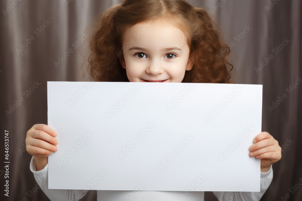 Fototapeta premium young child holding a blank sign. generative ai