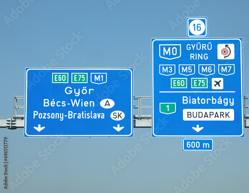 road sign with indications to reach the Austrian or Slovak towns in the Hungarian road