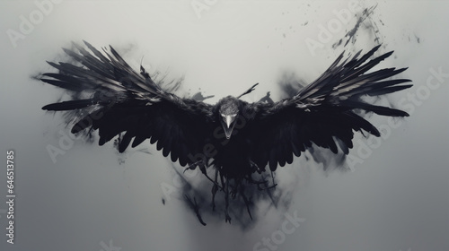 Scary black crow flying in the air with wings spread © Marc Andreu