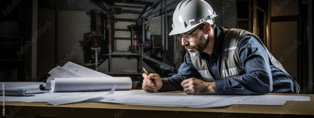 Portrait of an engineer in a helmet with blueprints for construction Portrait of an engineer in a helmet with blueprints for construction